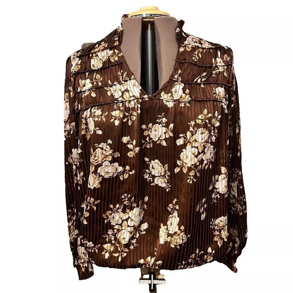Anthropologie Calligraphie Top. Sz XL. Brown. Ruffled. Blouson. Ruched. B15 - Picture 1 of 7
